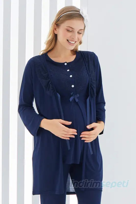 Sabahlıklı Erdeniz 3403 Hamile Pijama Takımı Lacivert Bisiklet Yaka Dantelli 3lü Kısa Kol Lacivert