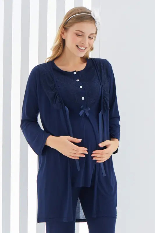 Sabahlıklı Erdeniz 3403 Hamile Pijama Takımı Lacivert Bisiklet Yaka Dantelli 3lü Kısa Kol