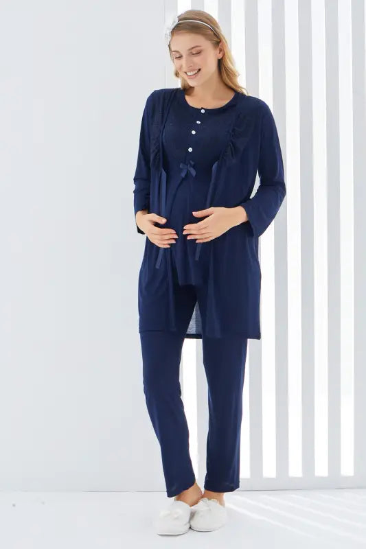 Sabahlıklı Erdeniz 3403 Hamile Pijama Takımı Lacivert Bisiklet Yaka Dantelli 3lü Kısa Kol