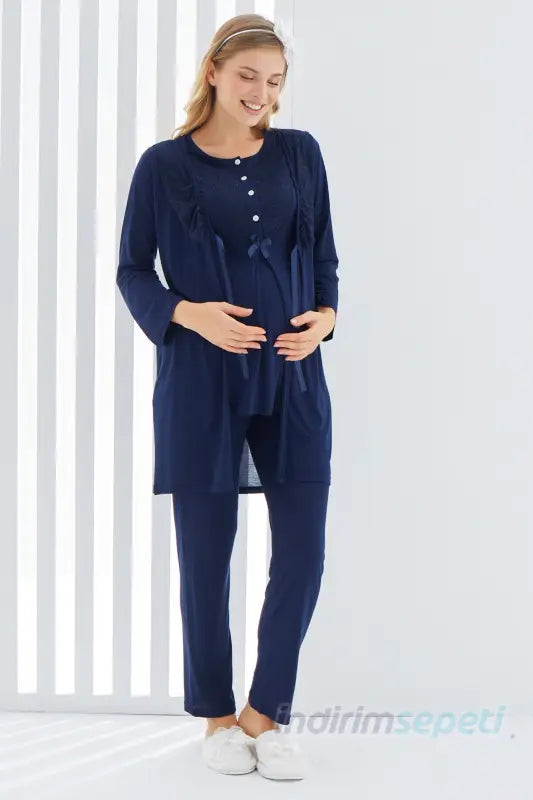 Sabahlıklı Erdeniz 3403 Hamile Pijama Takımı Lacivert Bisiklet Yaka Dantelli 3lü Kısa Kol