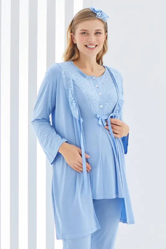 Sabahlıklı Erdeniz 3403 Hamile Pijama Takımı Mavi Bisiklet Yaka Dantelli 3lü Kısa Kol