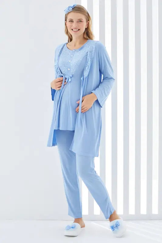 Sabahlıklı Erdeniz 3403 Hamile Pijama Takımı Mavi Bisiklet Yaka Dantelli 3lü Kısa Kol