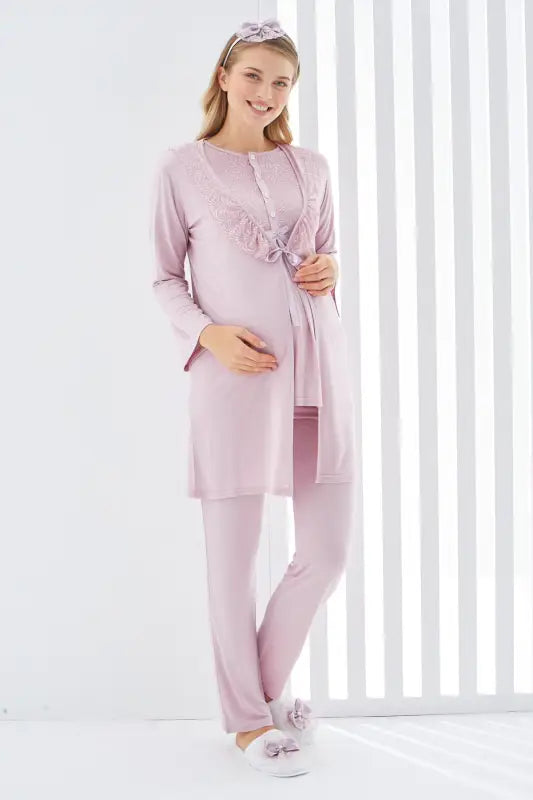 Sabahlıklı Erdeniz 3403 Hamile Pijama Takımı Pudra Bisiklet Yaka Dantelli 3lü Kısa Kol