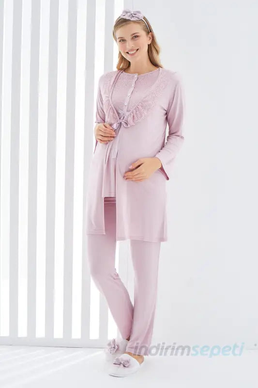 Sabahlıklı Erdeniz 3403 Hamile Pijama Takımı Pudra Bisiklet Yaka Dantelli 3lü Kısa Kol