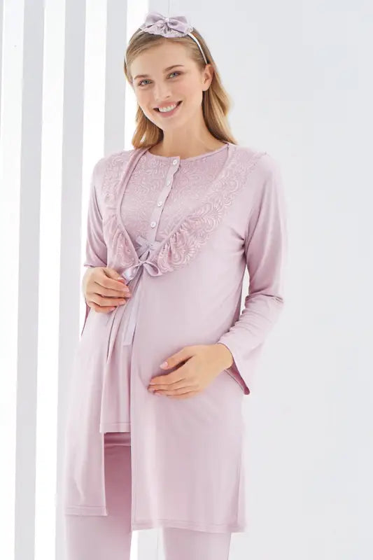 Sabahlıklı Erdeniz 3403 Hamile Pijama Takımı Pudra Bisiklet Yaka Dantelli 3lü Kısa Kol