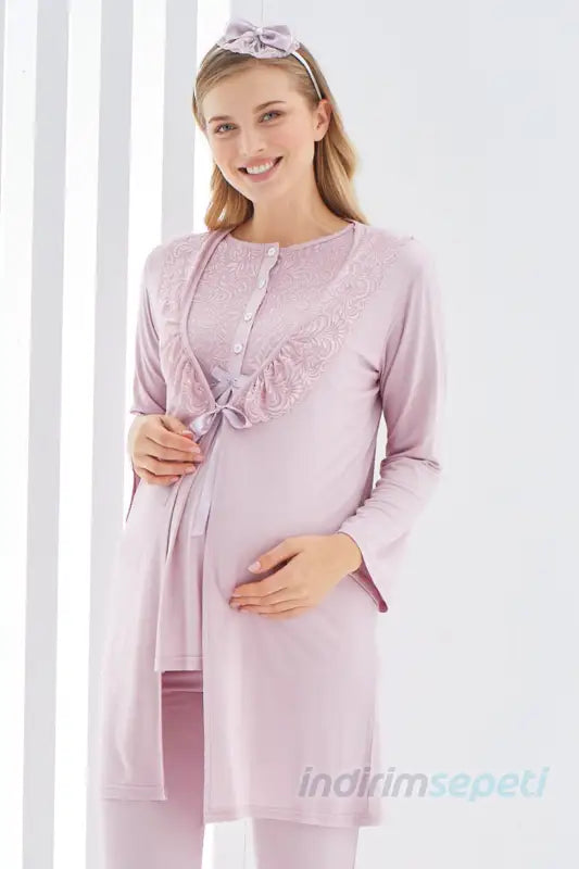 Sabahlıklı Erdeniz 3403 Hamile Pijama Takımı Pudra Bisiklet Yaka Dantelli 3lü Kısa Kol Pudra
