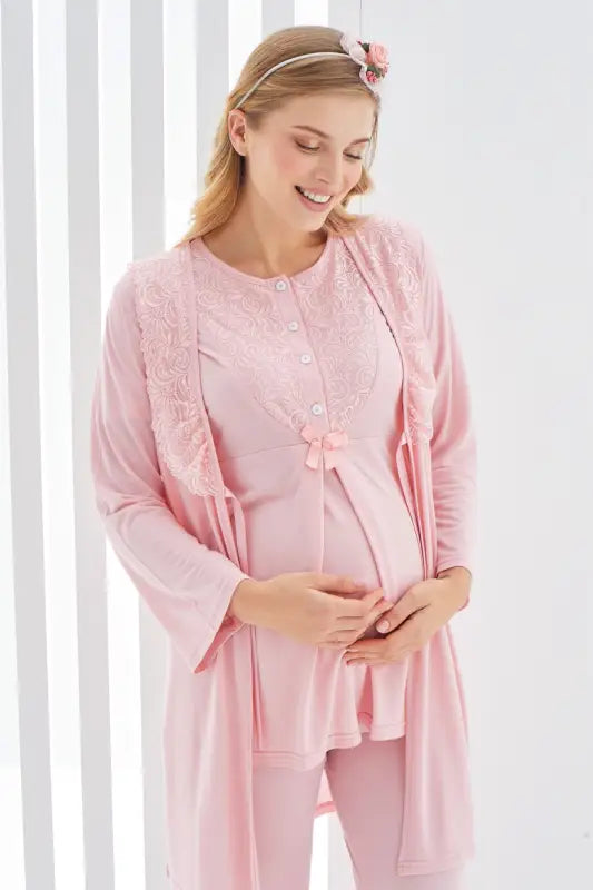 Sabahlıklı Erdeniz 3403 Hamile Pijama Takımı Somon Bisiklet Yaka Dantelli 3lü Kısa Kol