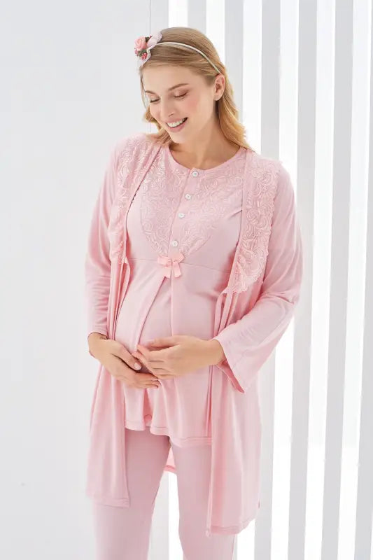 Sabahlıklı Erdeniz 3403 Hamile Pijama Takımı Somon Bisiklet Yaka Dantelli 3lü Kısa Kol