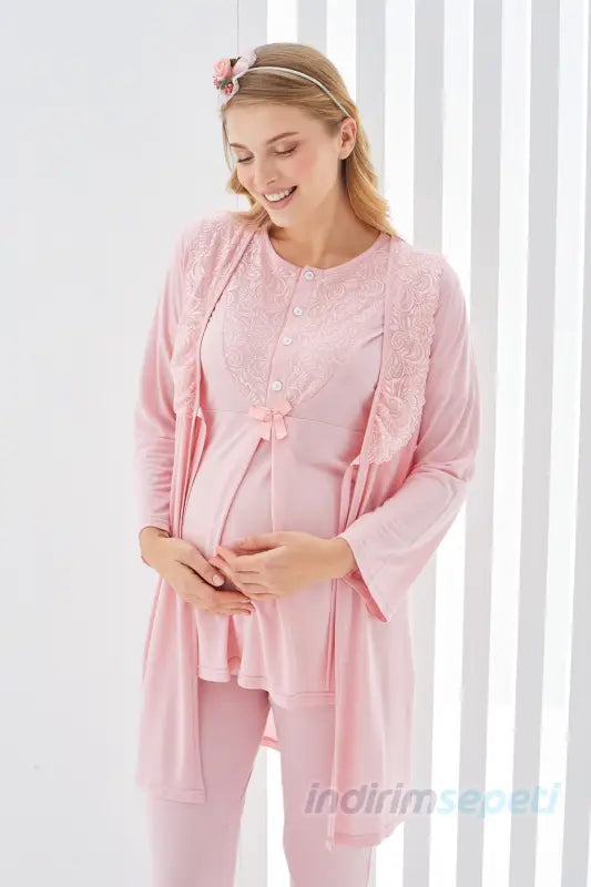 Sabahlıklı Erdeniz 3403 Hamile Pijama Takımı Somon Bisiklet Yaka Dantelli 3lü Kısa Kol Somon