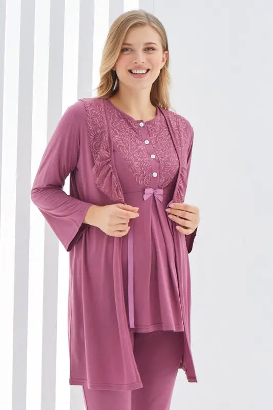 Sabahlıklı Erdeniz 3403 Hamile Pijama Takımı Vişne Bisiklet Yaka Dantelli