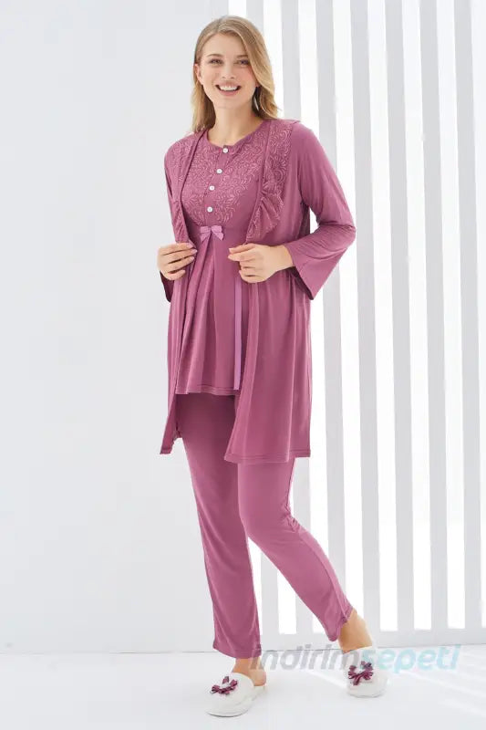 Sabahlıklı Erdeniz 3403 Hamile Pijama Takımı Vişne Bisiklet Yaka Dantelli Vişne