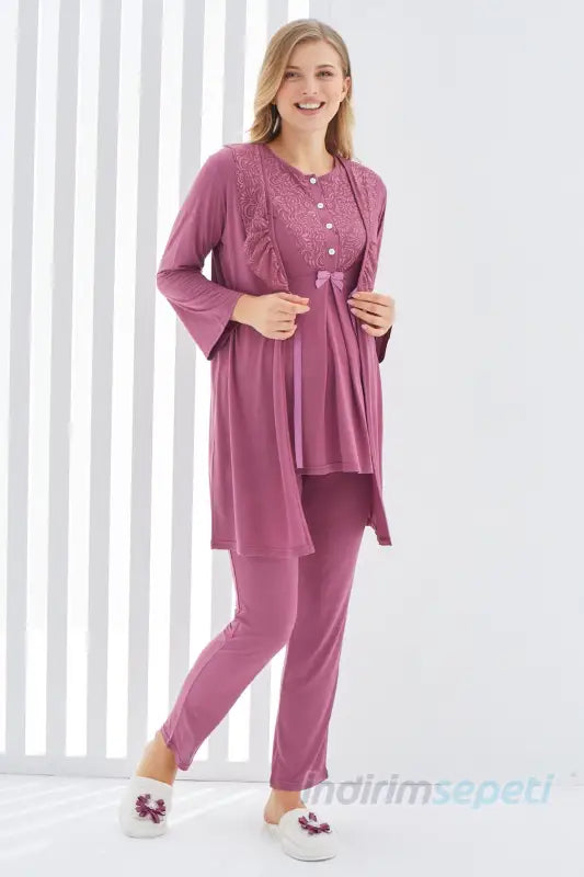 Sabahlıklı Erdeniz 3403 Hamile Pijama Takımı Vişne Bisiklet Yaka Dantelli